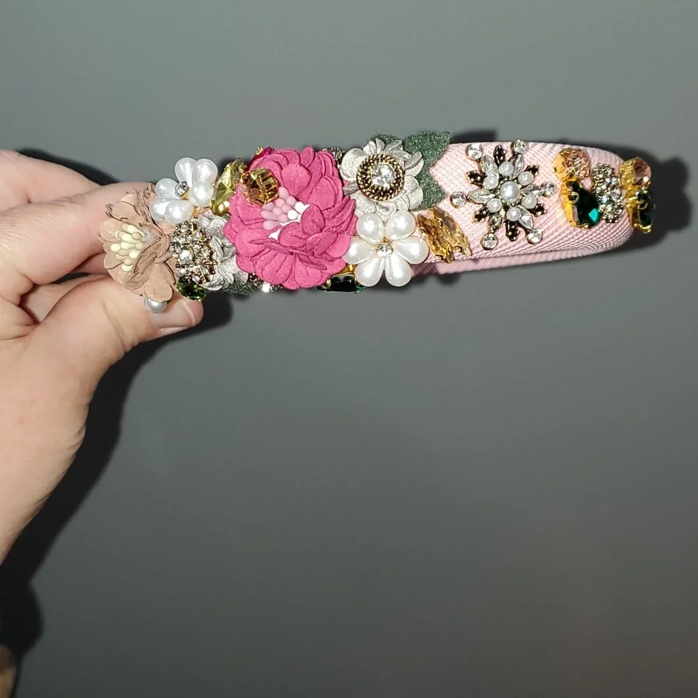 New handmade boutique luxury rhinestone floral fancy mid-wide flexible headband - Picture 4 of 8